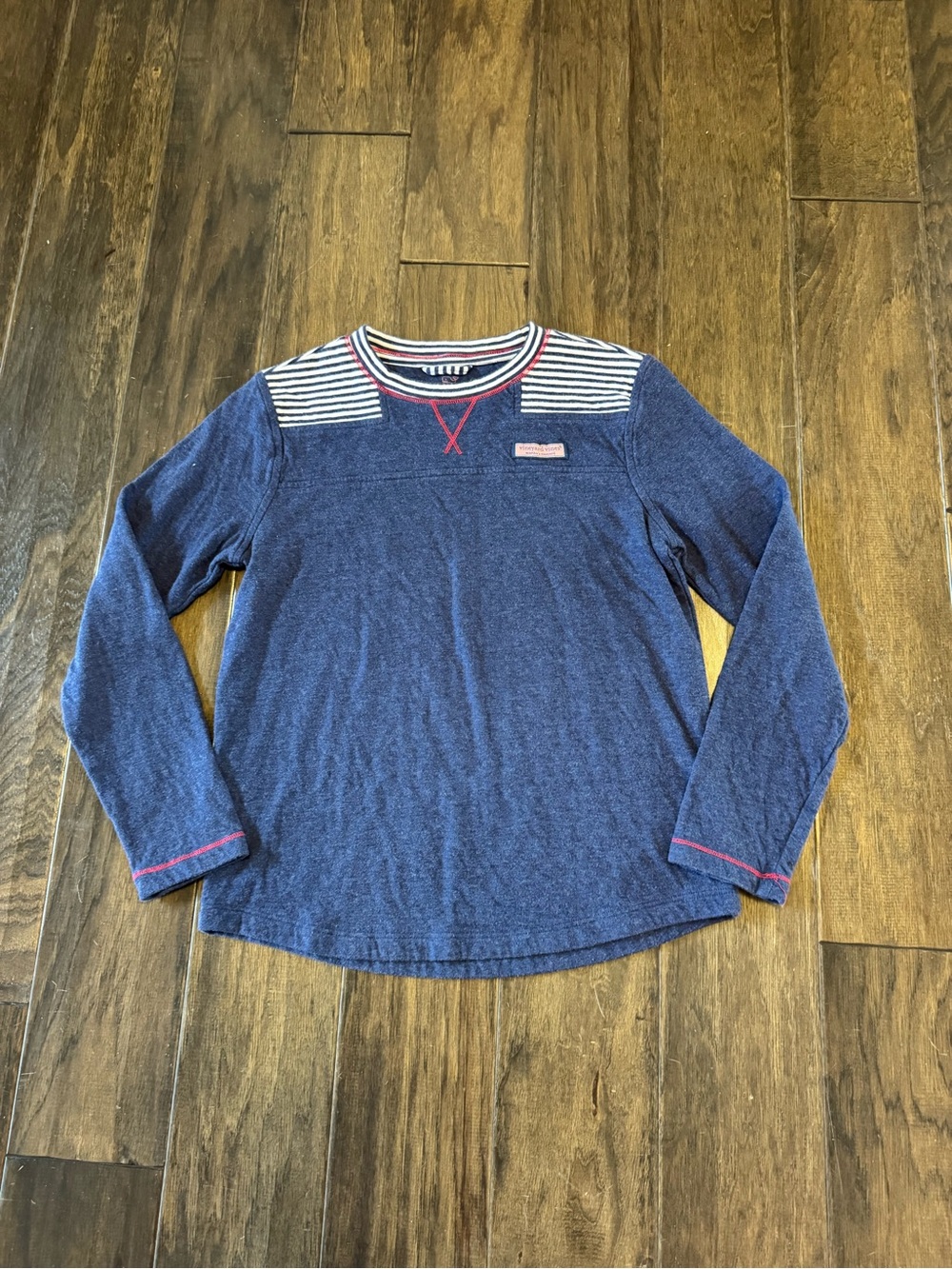 Vineyard Vines Navy Long-Sleeve Tee with White Striped Yoke and Red Trim